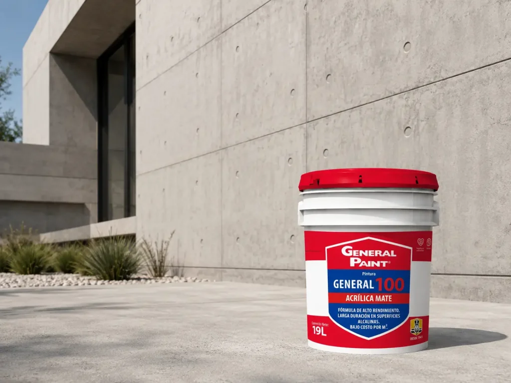 General 100 Acrílica Mate de General Paint frente a muro de concreto arquitectónico