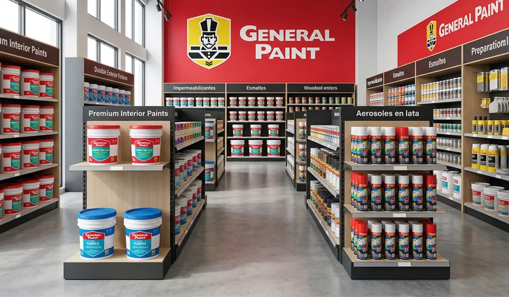 Tienda de pinturas General Paint con exhibición profesional y asesoría al cliente