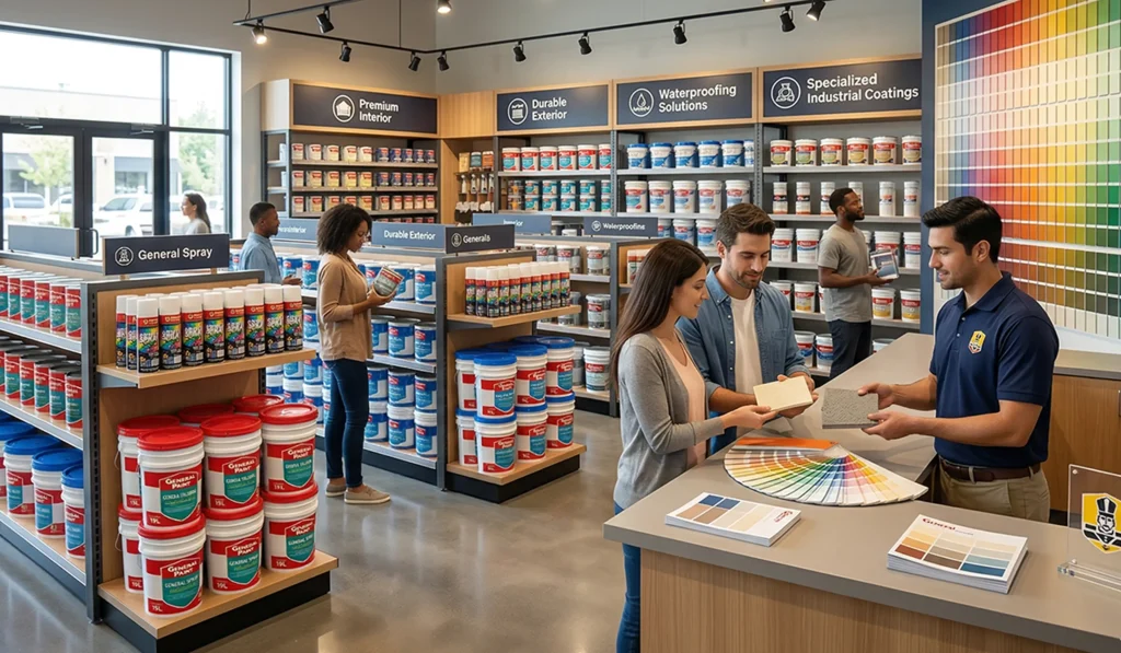 Distribuidor de pinturas General Paint recibiendo apoyo comercial en su punto de venta