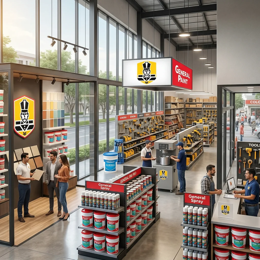 Modelo de distribución de pinturas General Paint con exhibición organizada y asesoría